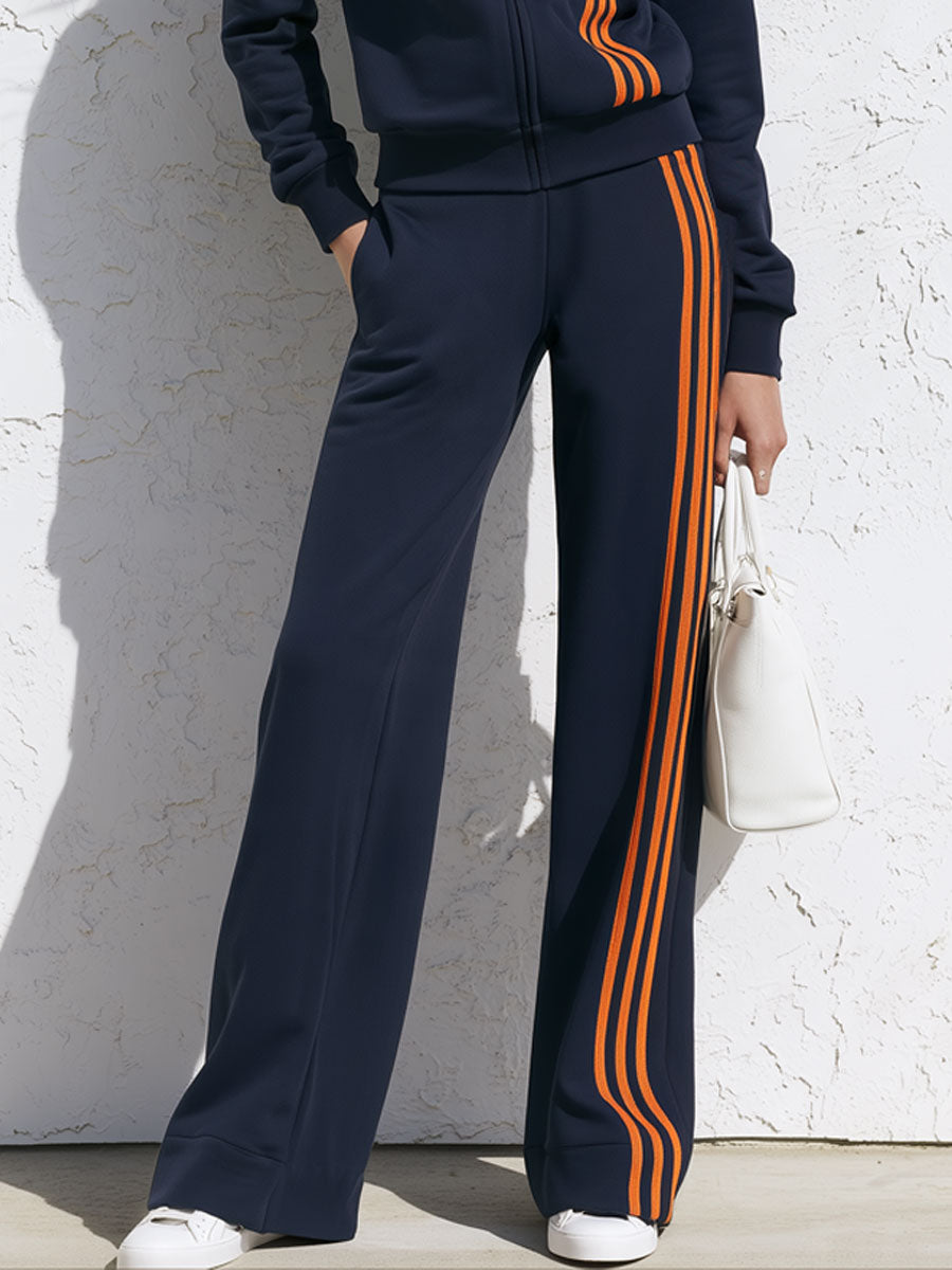 Casual Sporty Orange Striped Navy Blue Cotton Zipper Jacket Sweatshirt And Pants Set