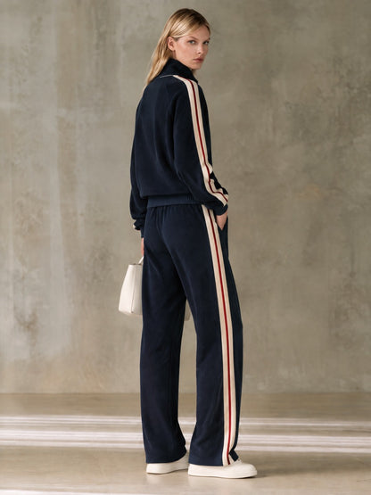Sporty Retro Color-blocked Navy Blue Fleece Blend Top And Pants Set