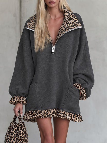 Retro Casual Brown Leopard Print Collared Ruffled Gray Cotton Mini Dress
