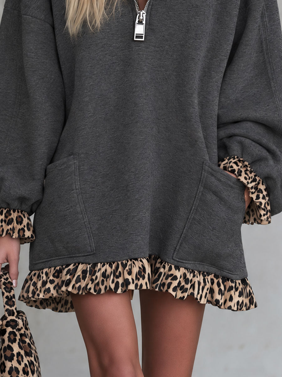Retro Casual Brown Leopard Print Collared Ruffled Gray Cotton Mini Dress