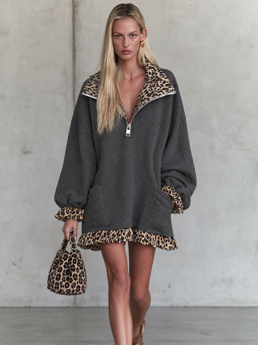 Retro Casual Brown Leopard Print Collared Ruffled Gray Cotton Mini Dress