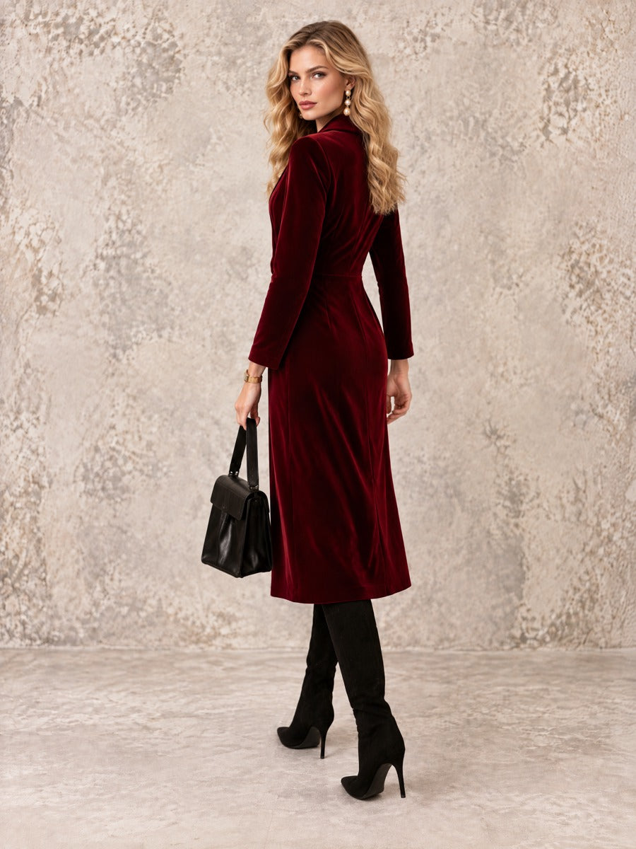 Vintage And Elegant Burgundy Cross-collar Velvet Midi Dress