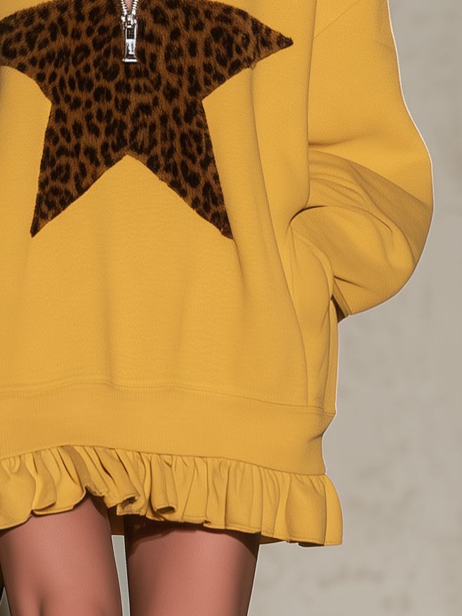 Mustard Yellow Half-zip Hooded Sweatshirt Dress Featuring Leopard-print Star Appliqués And A Ruffled Hem