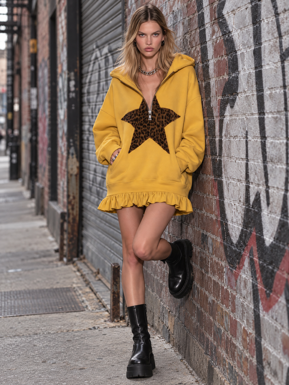 Mustard Yellow Half-zip Hooded Sweatshirt Dress Featuring Leopard-print Star Appliqués And A Ruffled Hem