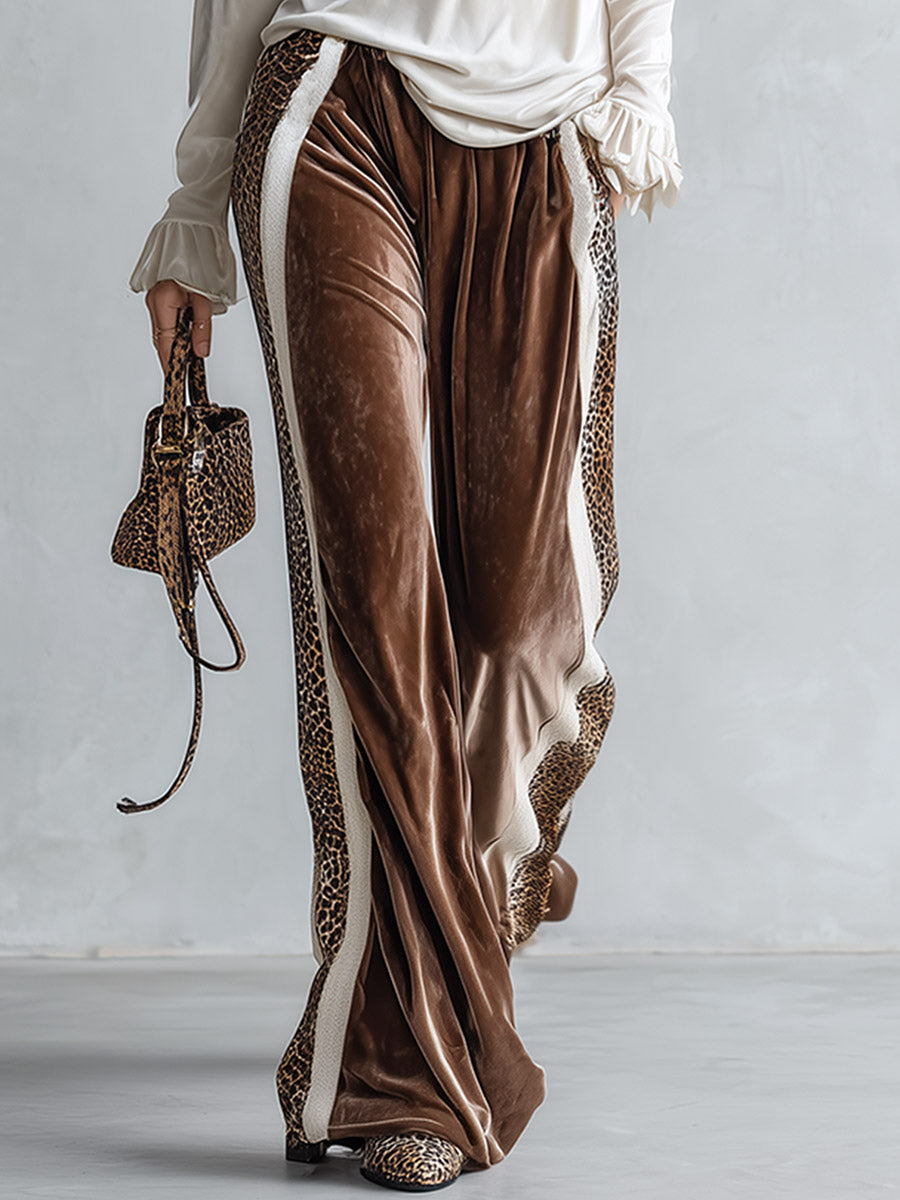 Casual-chic Leopard-print Trim Beige Heart-print T-shirt and Brown Wide-leg velvet Trousers Set