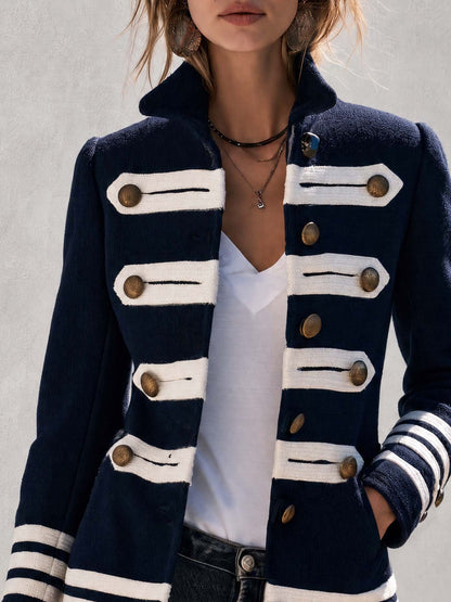 Vintage Military Navy Wool Blend Faux Fur Trim Brass Button Striped Band Jacket