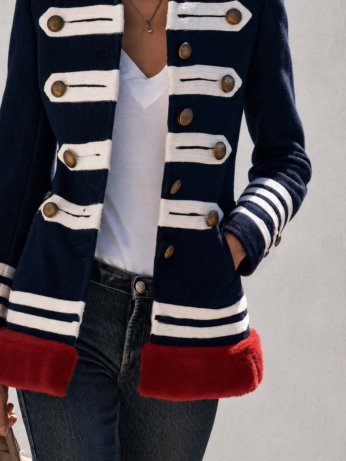 Vintage Military Navy Wool Blend Faux Fur Trim Brass Button Striped Band Jacket