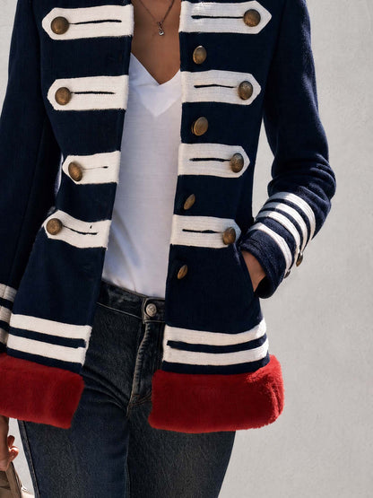Vintage Military Navy Wool Blend Faux Fur Trim Brass Button Striped Band Jacket