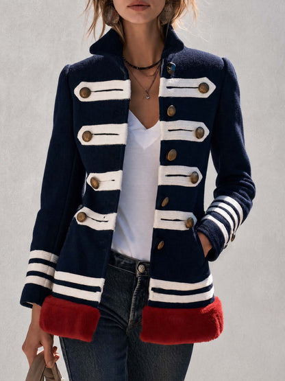 Vintage Military Navy Wool Blend Faux Fur Trim Brass Button Striped Band Jacket