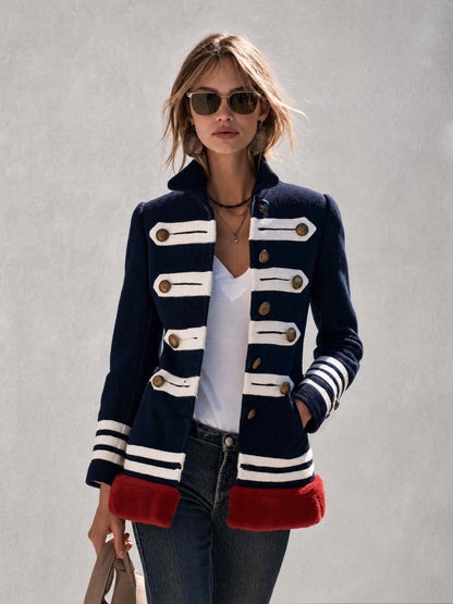 Vintage Military Navy Wool Blend Faux Fur Trim Brass Button Striped Band Jacket