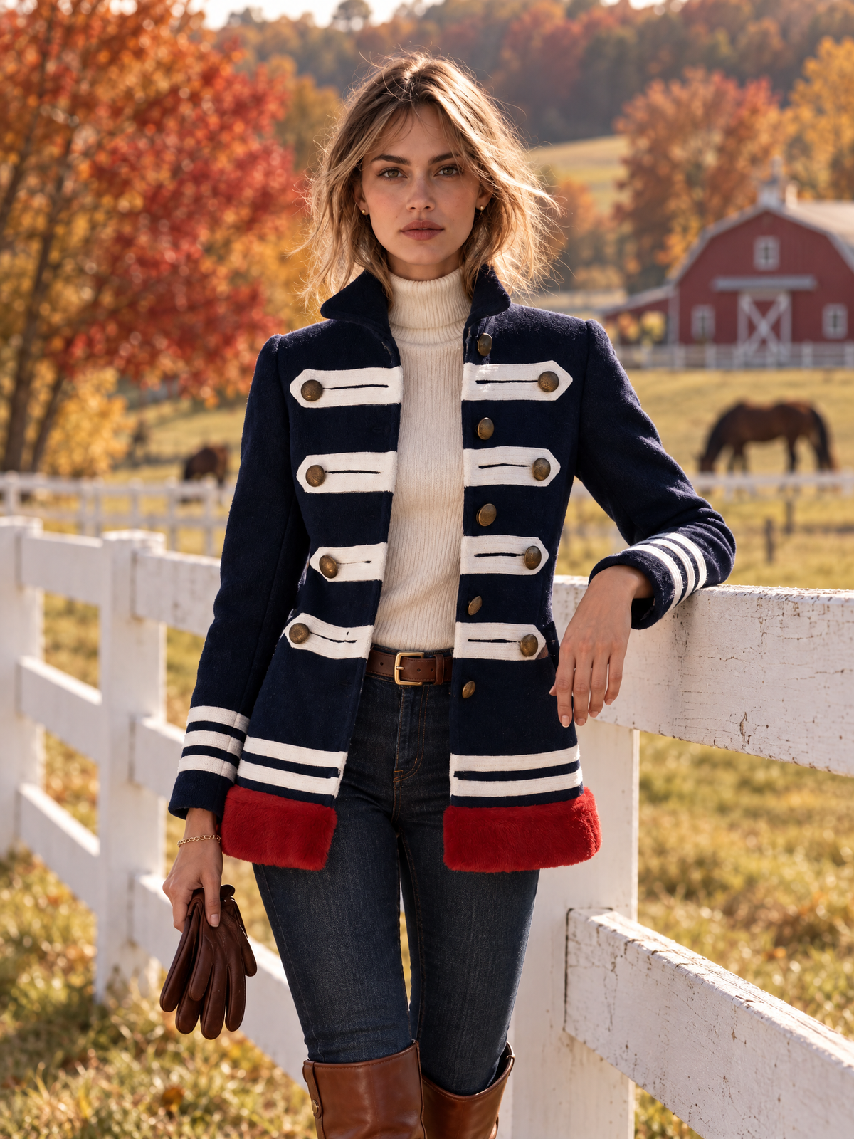 Vintage Military Navy Wool Blend Faux Fur Trim Brass Button Striped Band Jacket
