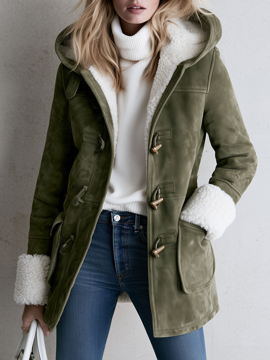 Casual And Warm Fleece-trimmed Faux Suede Duffle Coat