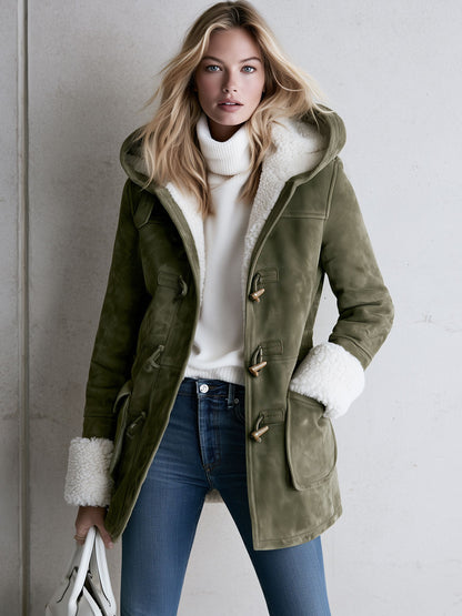 Casual And Warm Fleece-trimmed Faux Suede Duffle Coat
