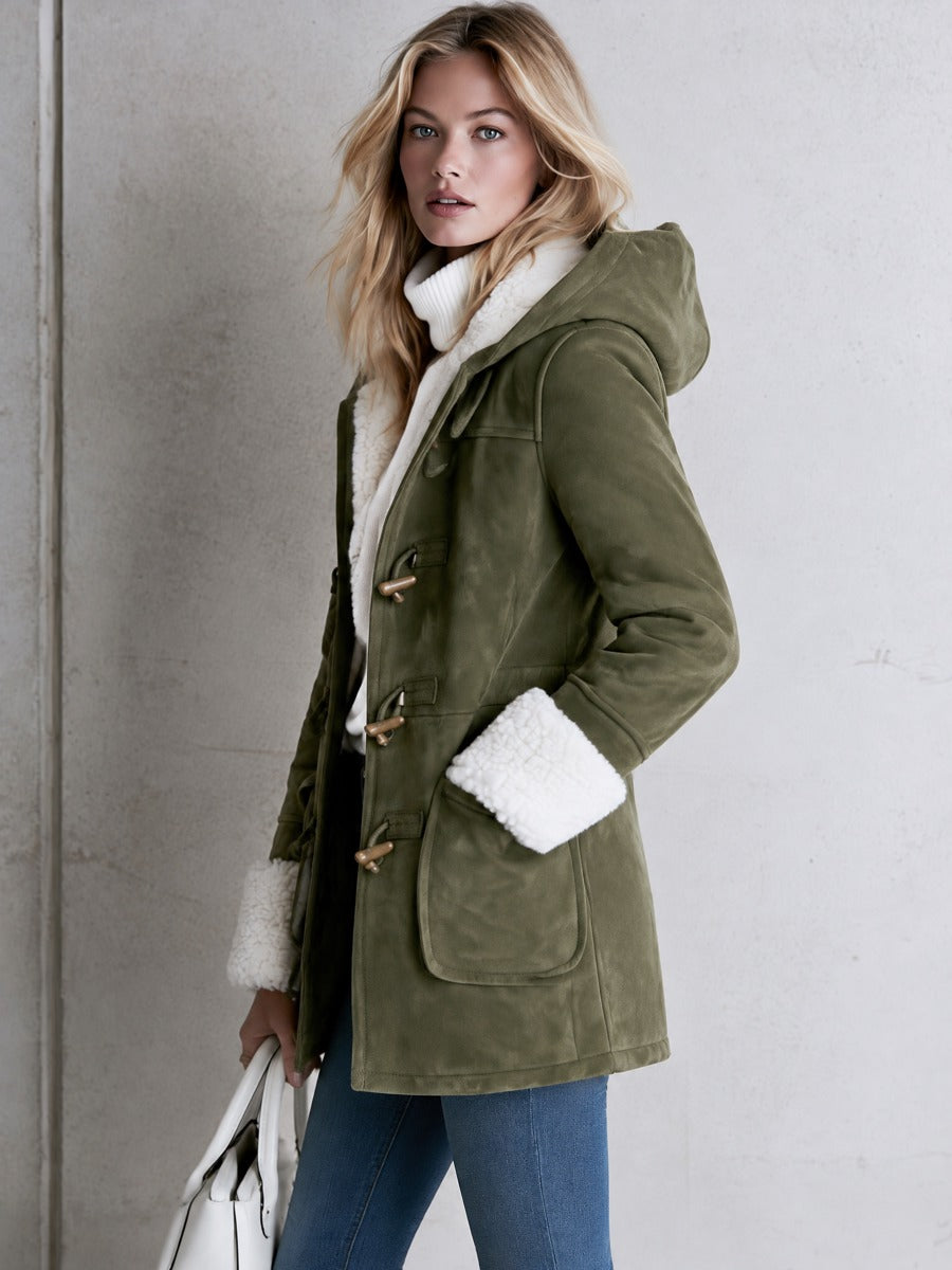 Casual And Warm Fleece-trimmed Faux Suede Duffle Coat