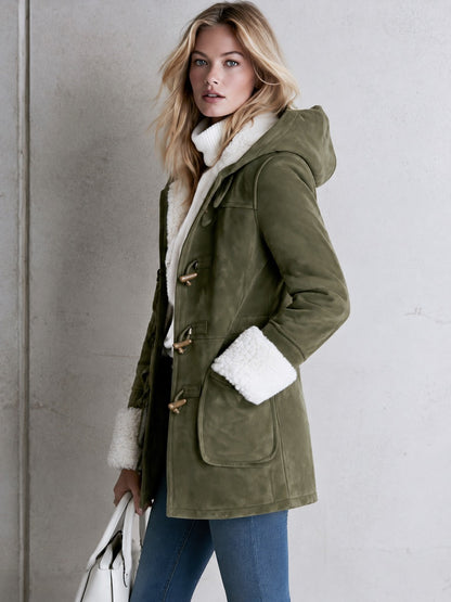 Casual And Warm Fleece-trimmed Faux Suede Duffle Coat