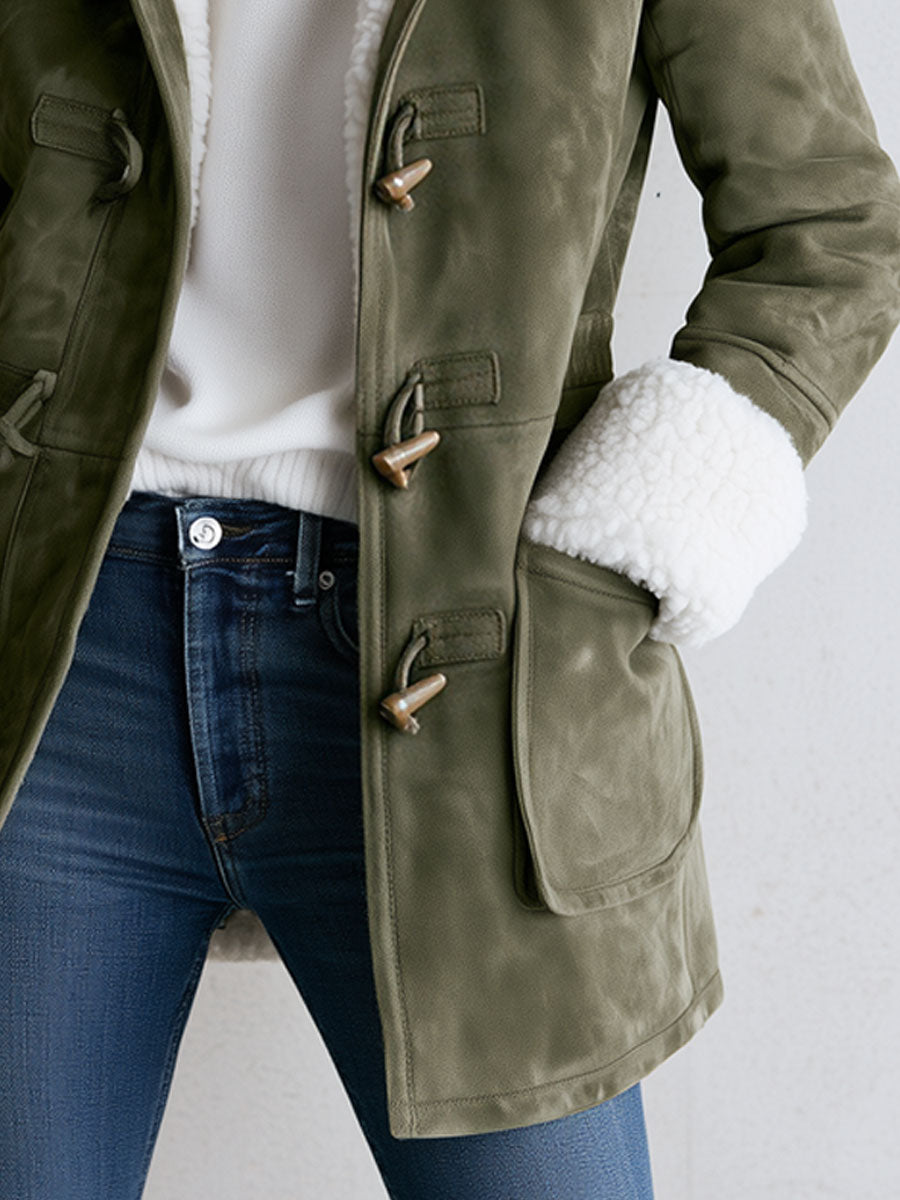 Casual And Warm Fleece-trimmed Faux Suede Duffle Coat