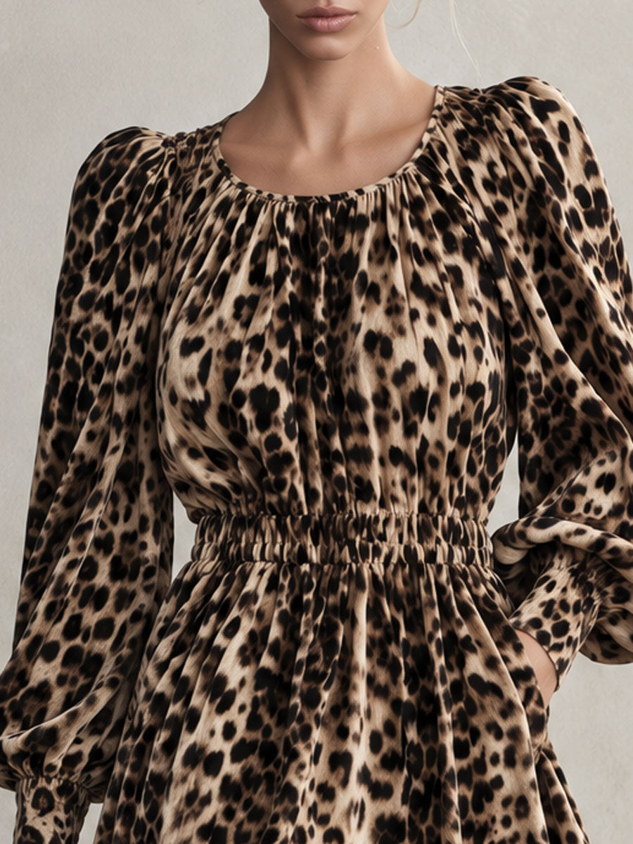 Retro Elegant Brown Leopard Print Round Neck Puff Sleeve Fitted Waist Velvet Mini Dress