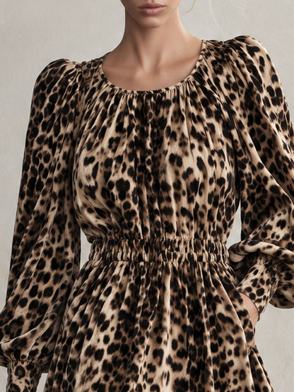 Retro Elegant Brown Leopard Print Round Neck Puff Sleeve Fitted Waist Velvet Mini Dress