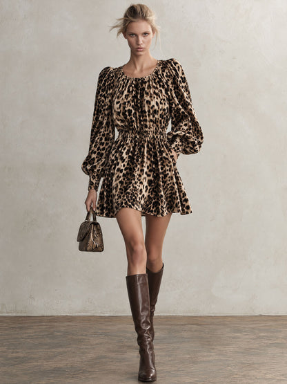 Retro Elegant Brown Leopard Print Round Neck Puff Sleeve Fitted Waist Velvet Mini Dress