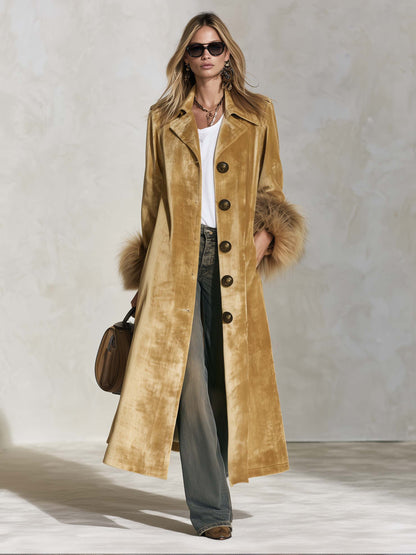 Urban Retro Boho Camel Velvet Faux Fur Cuff Button Front Maxi Coat