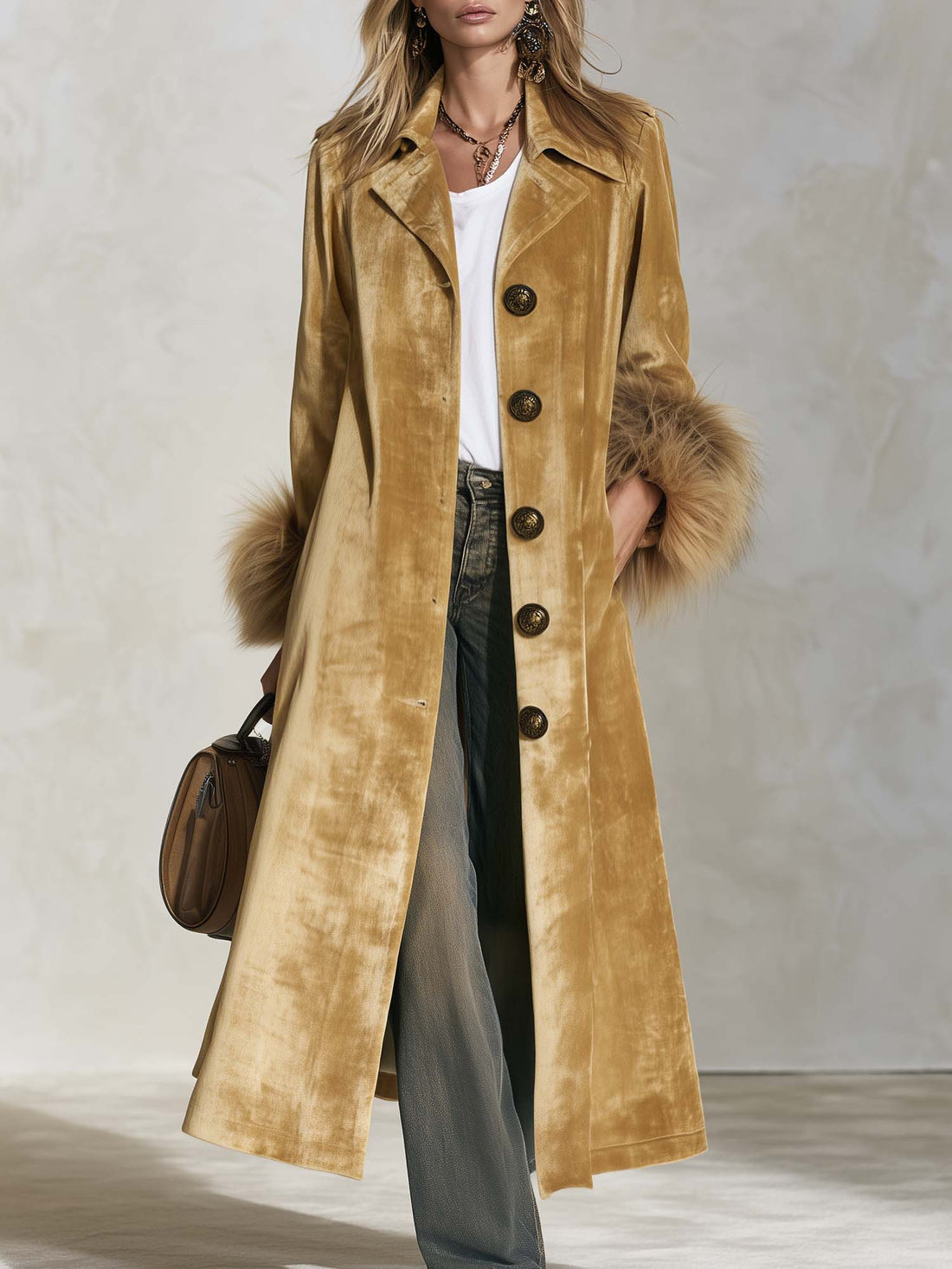 Urban Retro Boho Camel Velvet Faux Fur Cuff Button Front Maxi Coat