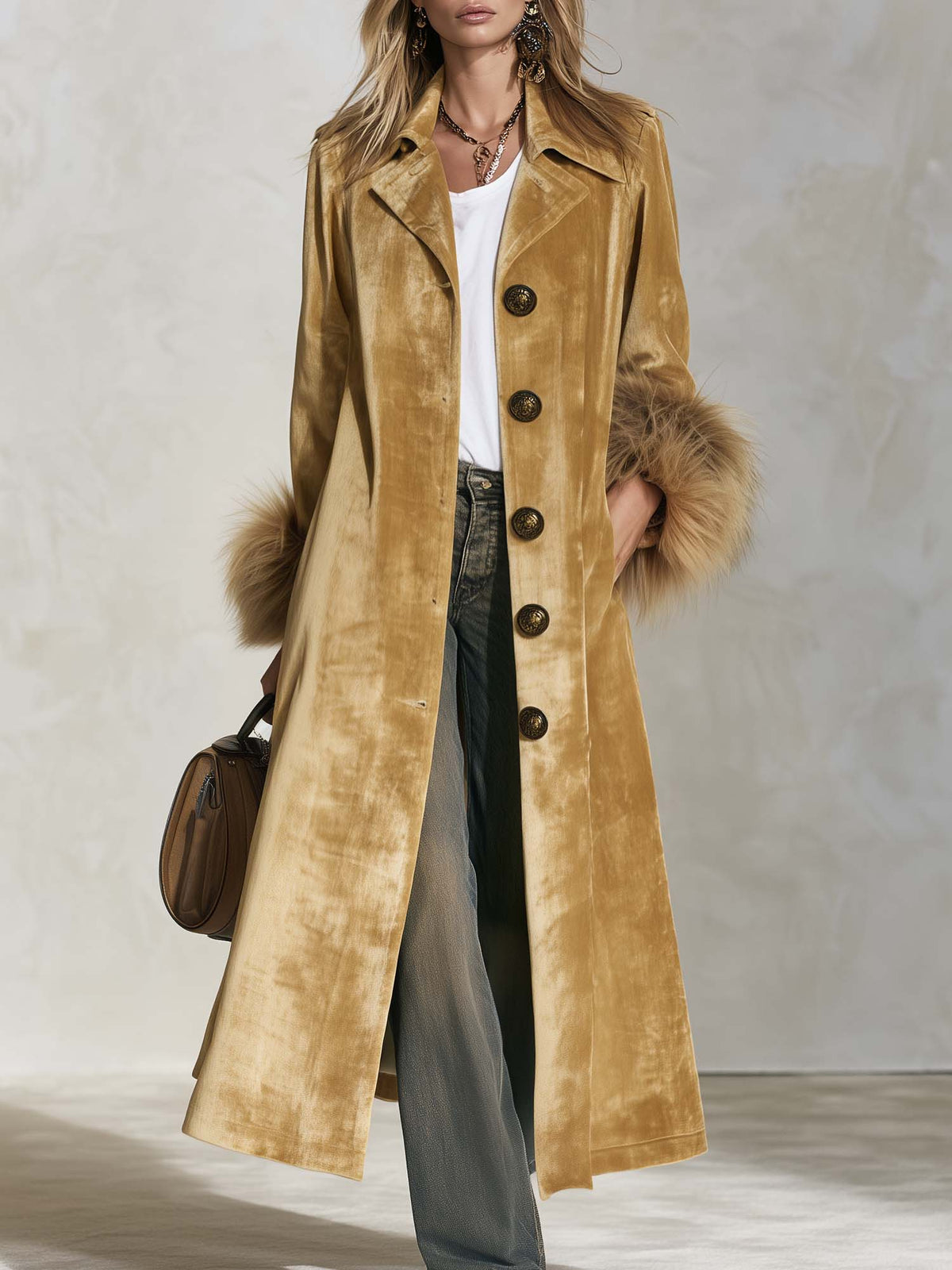 Urban Retro Boho Camel Velvet Faux Fur Cuff Button Front Maxi Coat