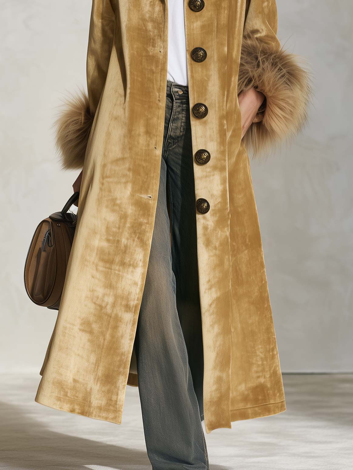 Urban Retro Boho Camel Velvet Faux Fur Cuff Button Front Maxi Coat