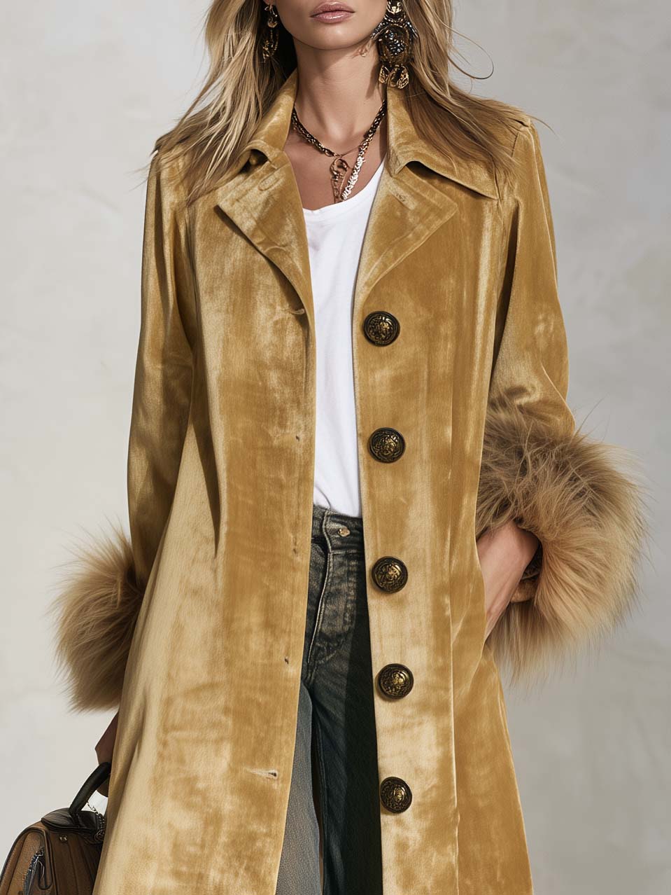 Urban Retro Boho Camel Velvet Faux Fur Cuff Button Front Maxi Coat