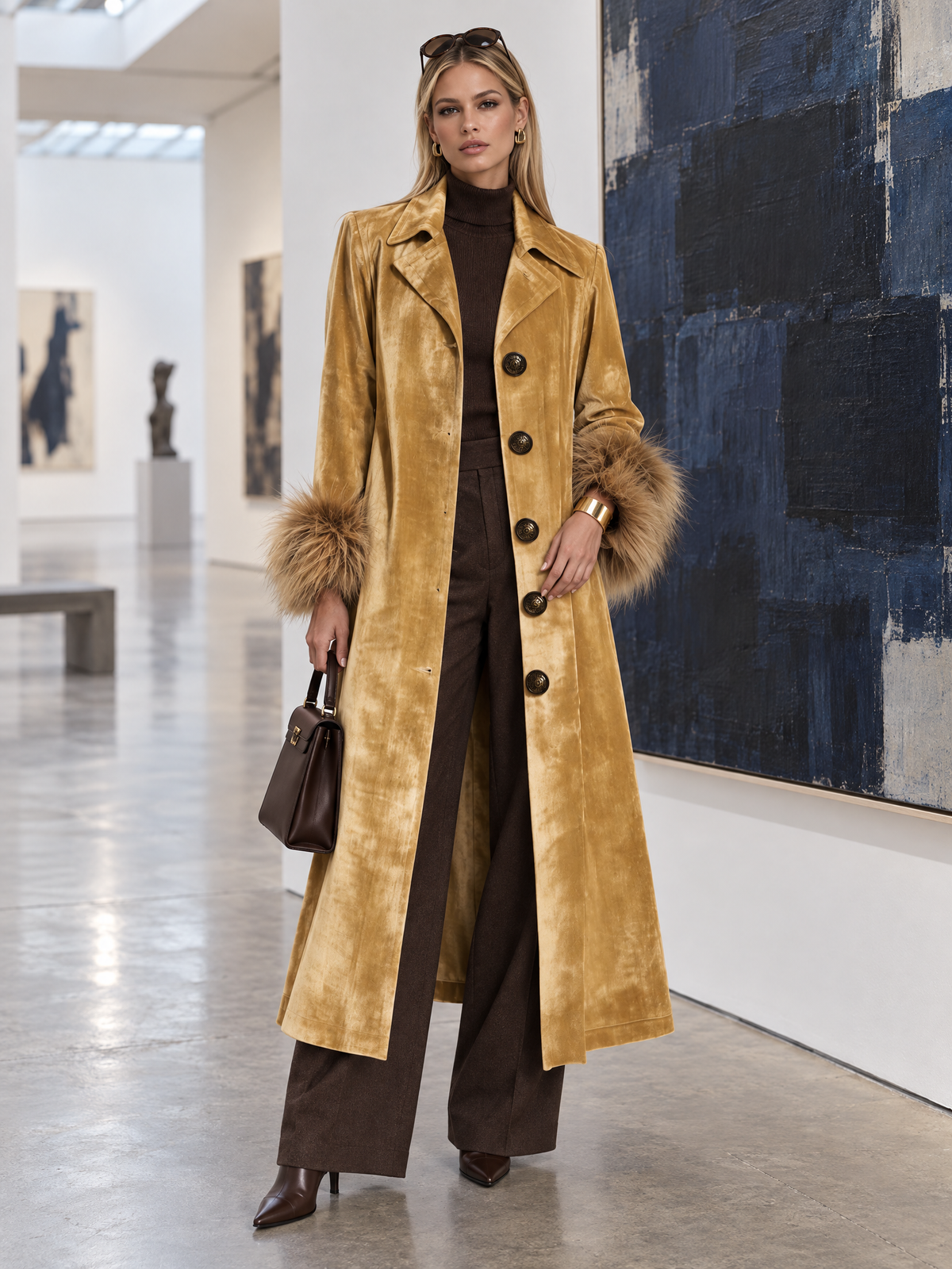 Urban Retro Boho Camel Velvet Faux Fur Cuff Button Front Maxi Coat