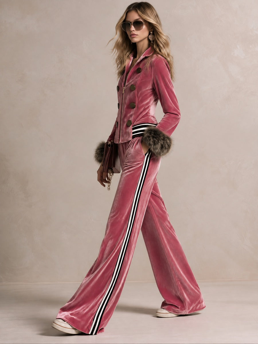 Retro Glam Pink Velvet Faux-Fur Cuff Zip-Up Top Side-Stripe Wide-Leg Pants Set