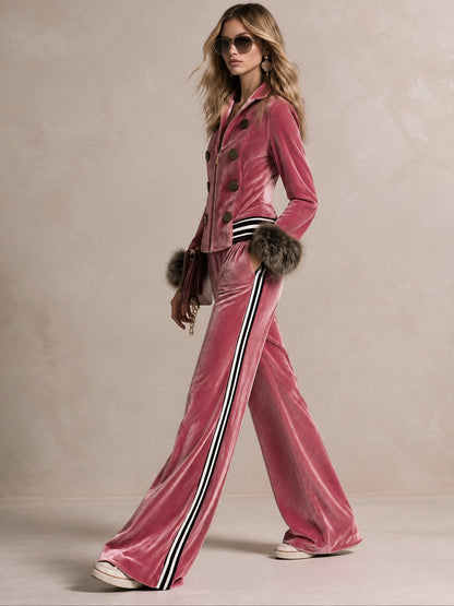 Retro Glam Pink Velvet Faux-Fur Cuff Zip-Up Top Side-Stripe Wide-Leg Pants Set