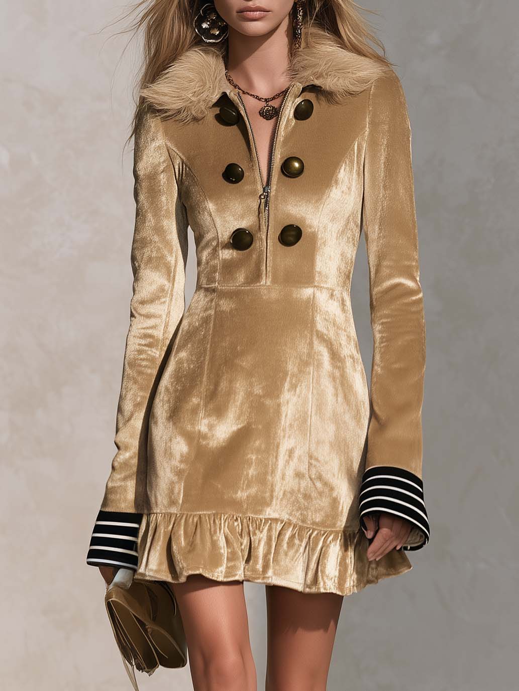 Urban Retro Gold Velvet Faux Fur Collar Ruffle Hem Long Sleeve Mini Dress