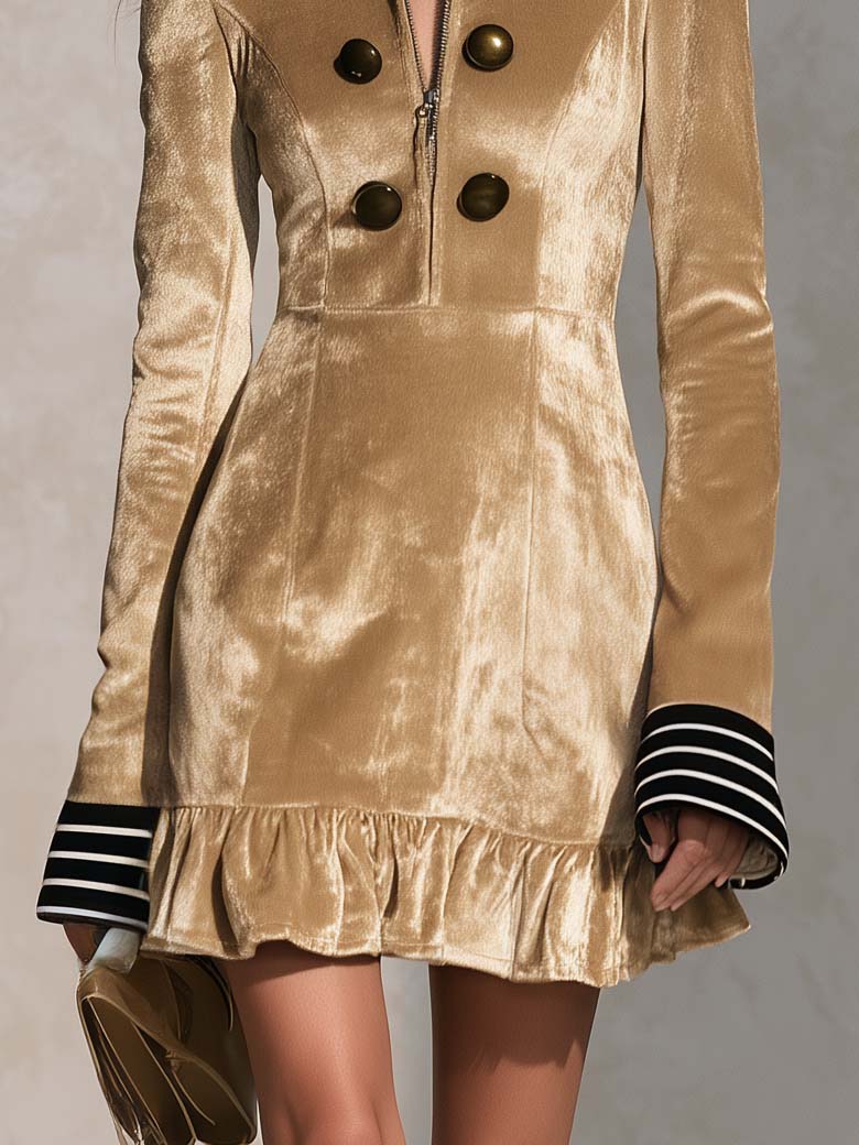 Urban Retro Gold Velvet Faux Fur Collar Ruffle Hem Long Sleeve Mini Dress