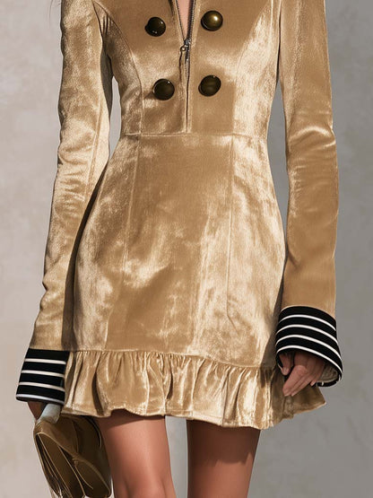 Urban Retro Gold Velvet Faux Fur Collar Ruffle Hem Long Sleeve Mini Dress