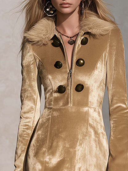 Urban Retro Gold Velvet Faux Fur Collar Ruffle Hem Long Sleeve Mini Dress