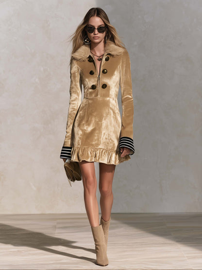 Urban Retro Gold Velvet Faux Fur Collar Ruffle Hem Long Sleeve Mini Dress