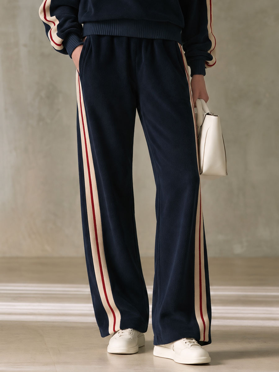 Sporty Retro Color-blocked Navy Blue Fleece Blend Top And Pants Set