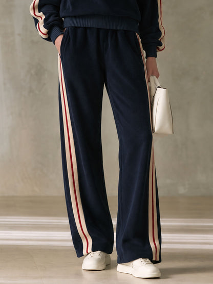 Sporty Retro Color-blocked Navy Blue Fleece Blend Top And Pants Set