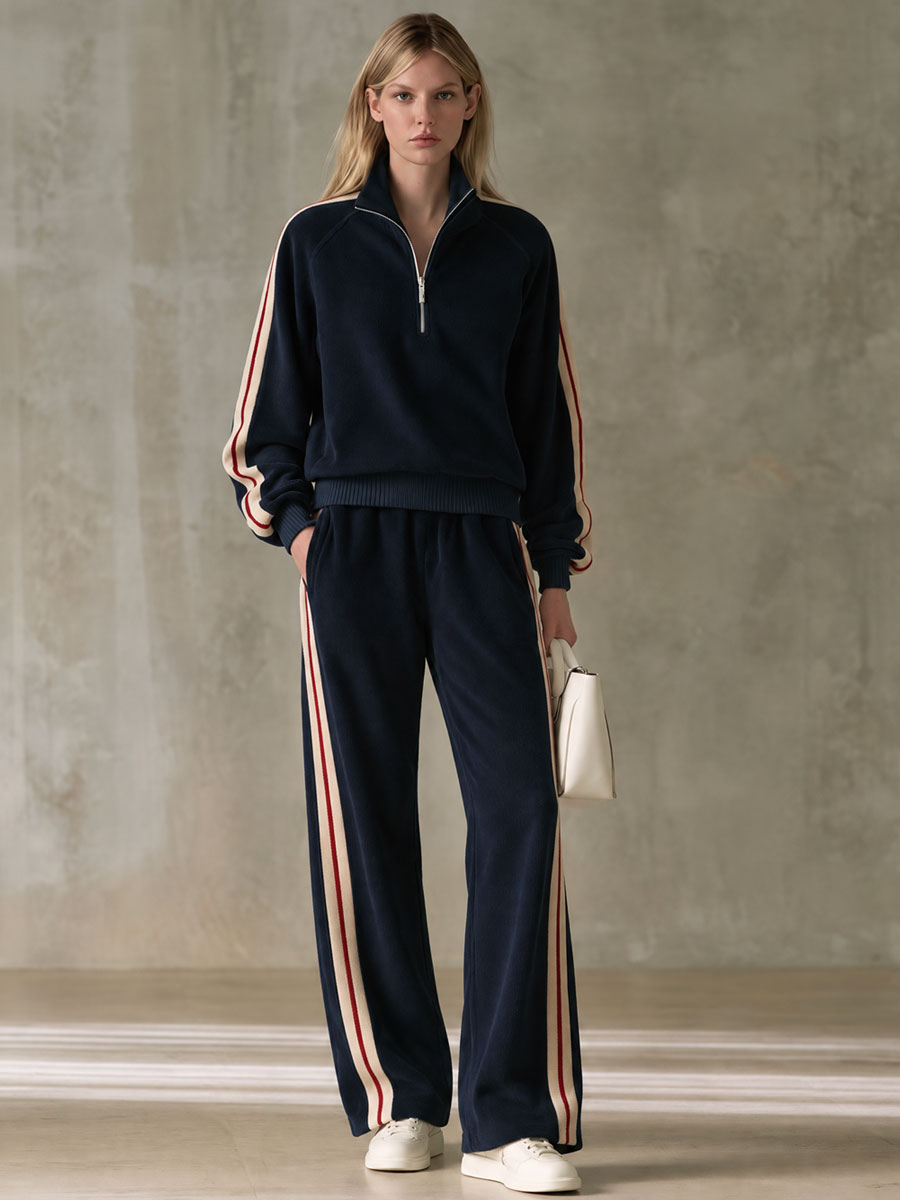 Sporty Retro Color-blocked Navy Blue Fleece Blend Top And Pants Set