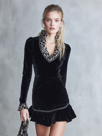 Elegant Faux-Fur Leopard Print Collar Black Velvet Ruffled Mini Dress