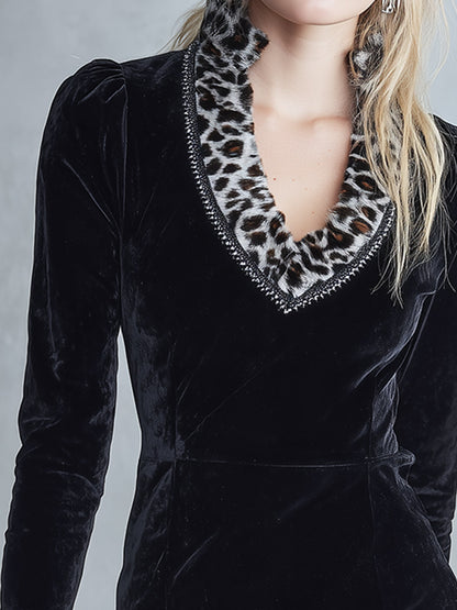 Elegant Faux-Fur Leopard Print Collar Black Velvet Ruffled Mini Dress