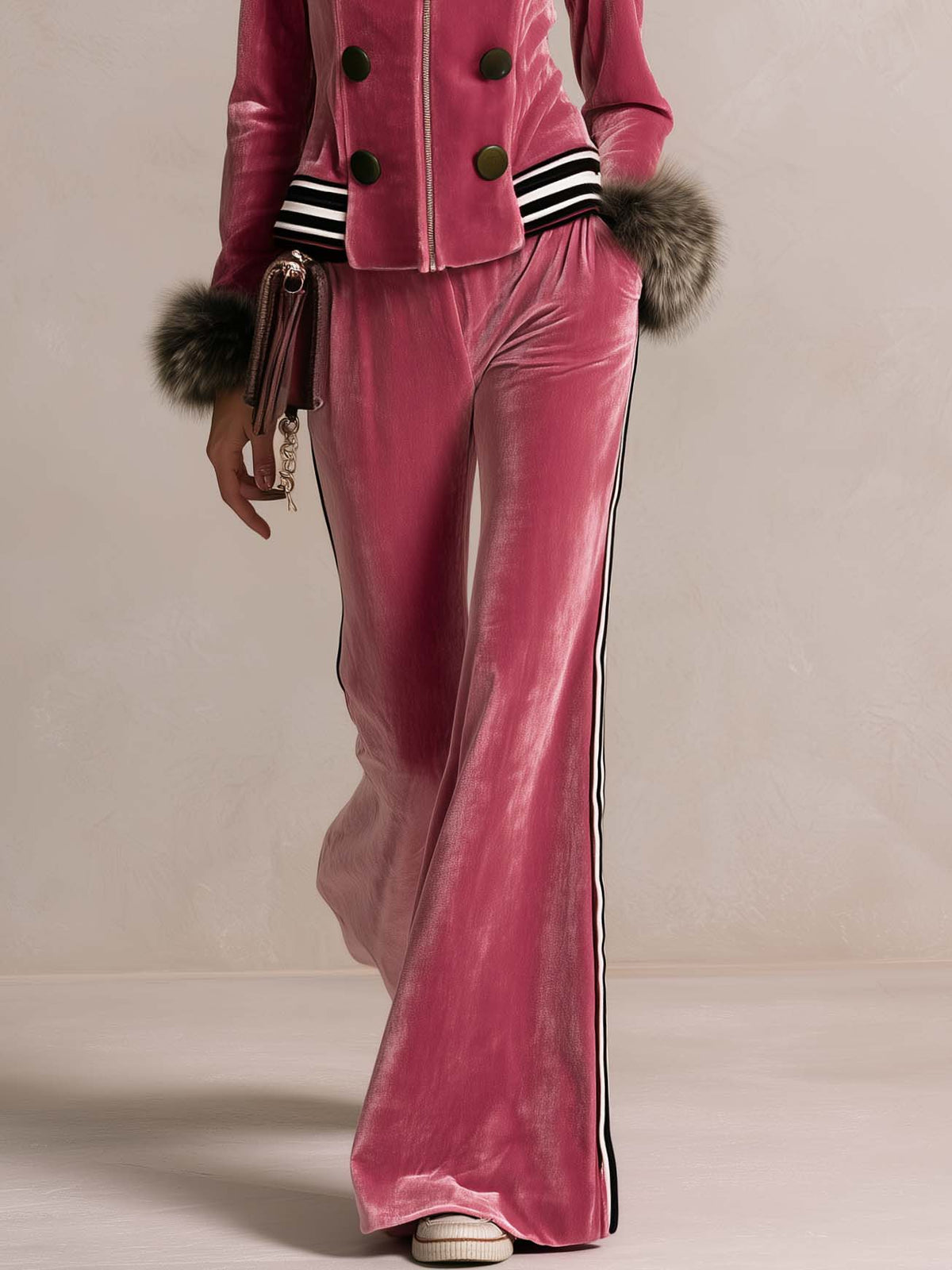 Retro Glam Pink Velvet Faux-Fur Cuff Zip-Up Top Side-Stripe Wide-Leg Pants Set