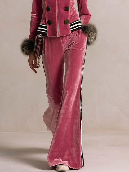 Retro Glam Pink Velvet Faux-Fur Cuff Zip-Up Top Side-Stripe Wide-Leg Pants Set