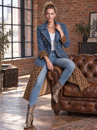 Retro Denim Patchwork Leopard Print Faux Suede Coat