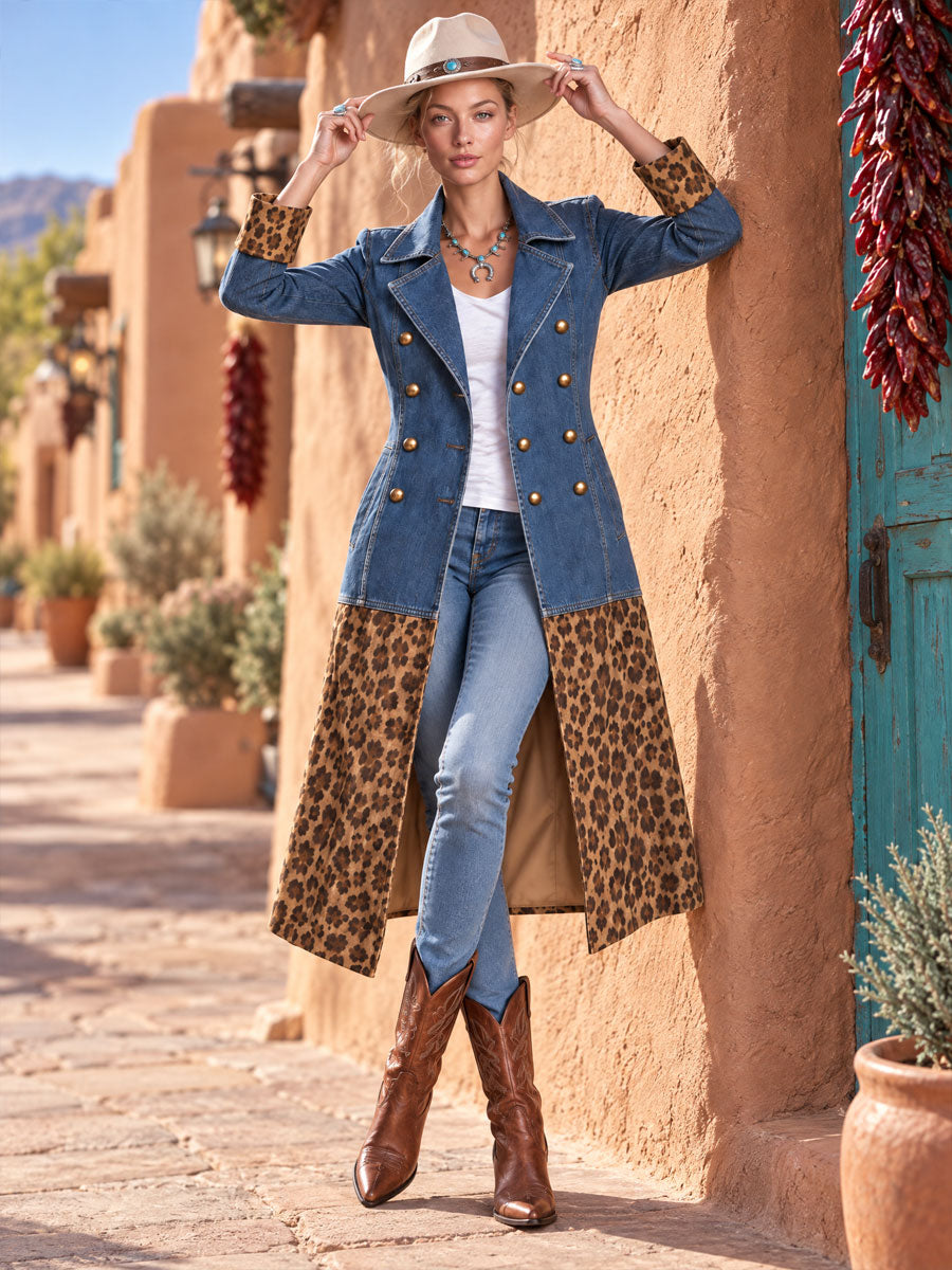 Retro Denim Patchwork Leopard Print Faux Suede Coat