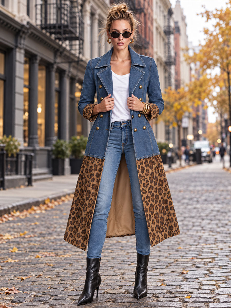 Retro Denim Patchwork Leopard Print Faux Suede Coat