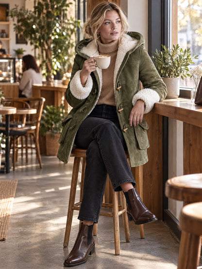 Casual And Warm Fleece-trimmed Faux Suede Duffle Coat