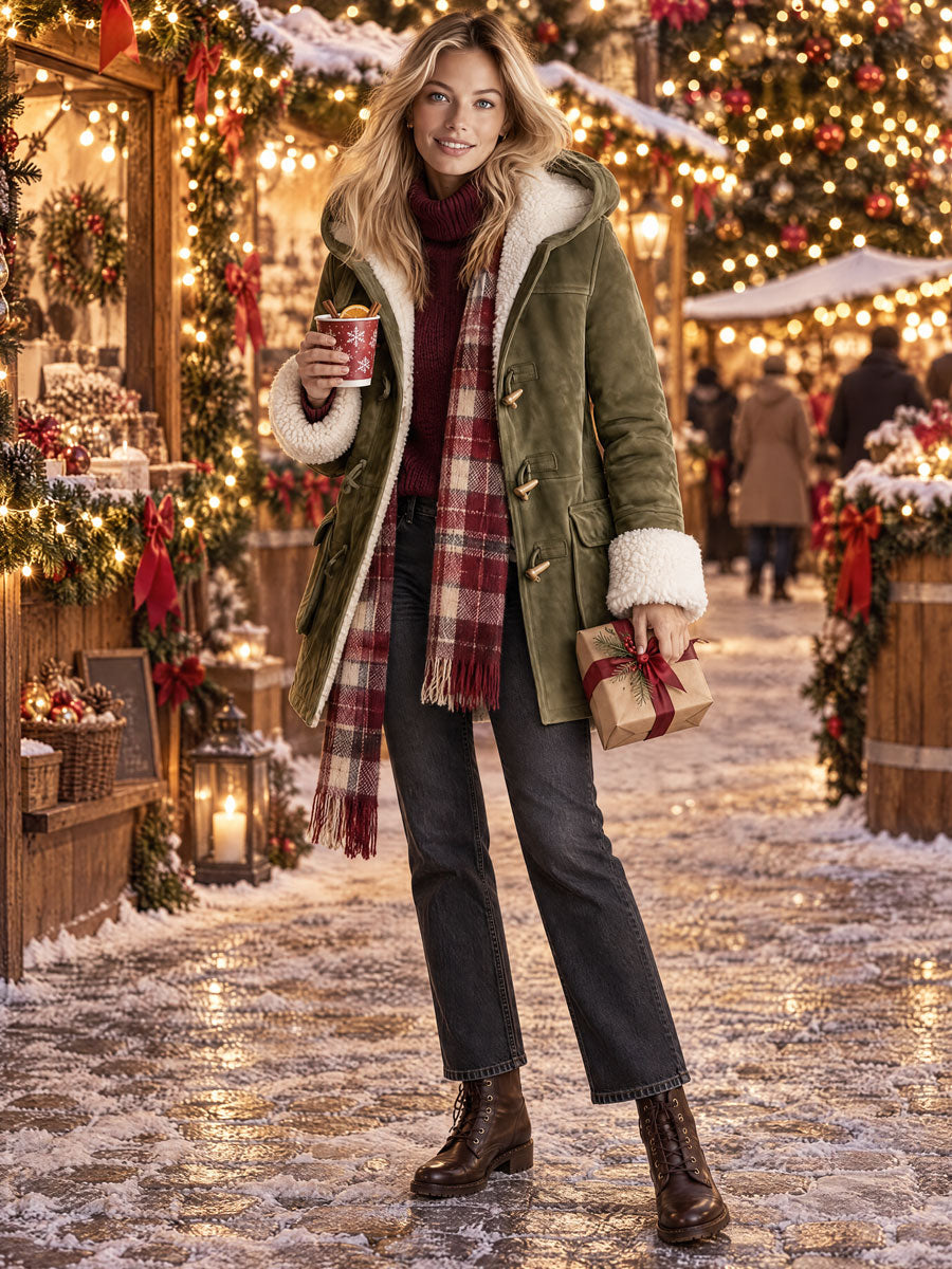 Casual And Warm Fleece-trimmed Faux Suede Duffle Coat
