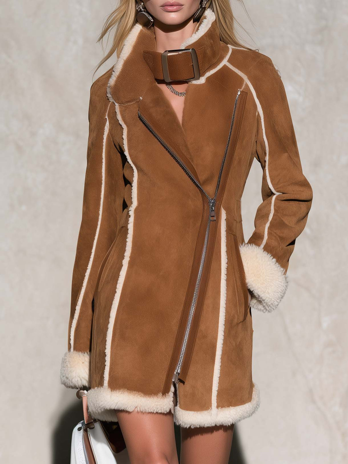 Urban Retro Camel Faux Suede Shearling Trim Asymmetric Zip Buckle Collar Fitted Coat