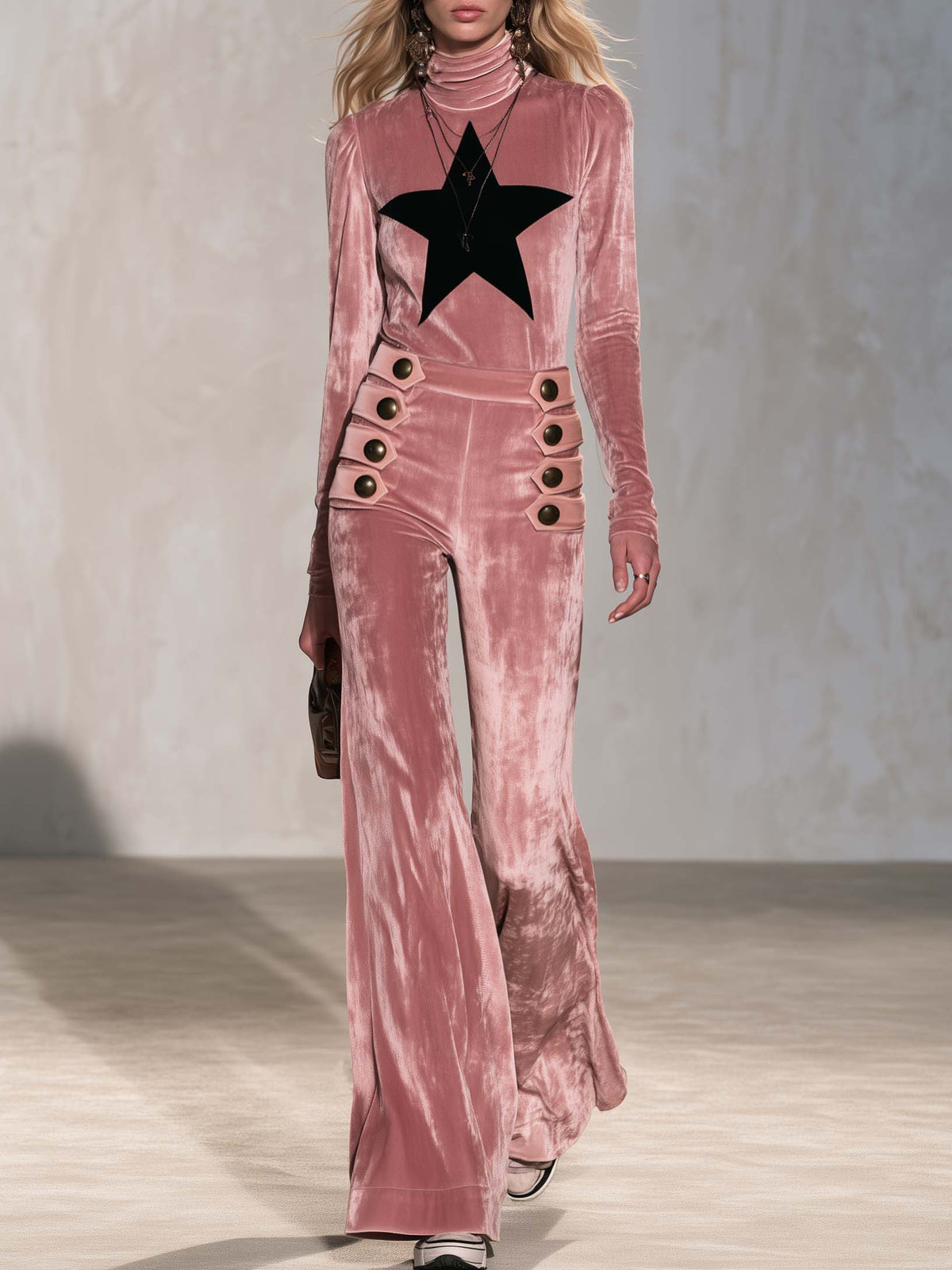 Retro Pink Star Turtleneck Sailor Button Flare Pants Velvet Two-Piece Set